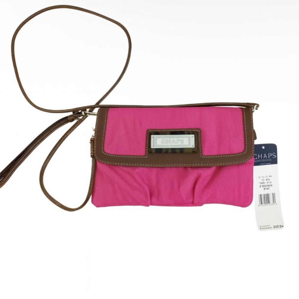 Chaps Pink Faux Pebble Leather Crossbody Bag Clutch Purse Brown Trim NWT